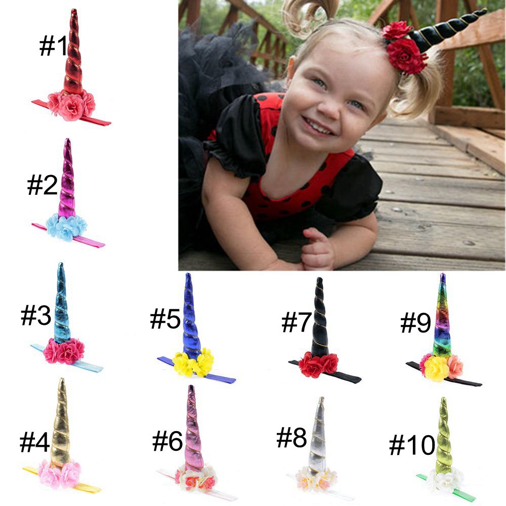 Yundfly New Newborn Glitter Solid Flower Unicorn Horn Headband Baby Girls Hairband