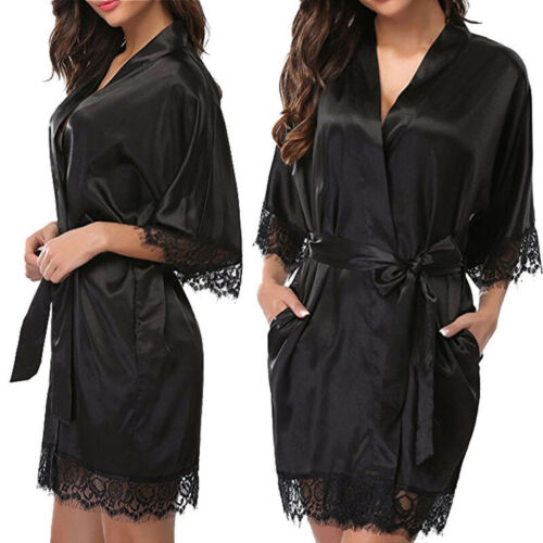 Summer Women Sexy Fashion Nightdress Satin Lace Soft Robe Kimono Solid Sleepwear Lingerie Dress Gown Robe