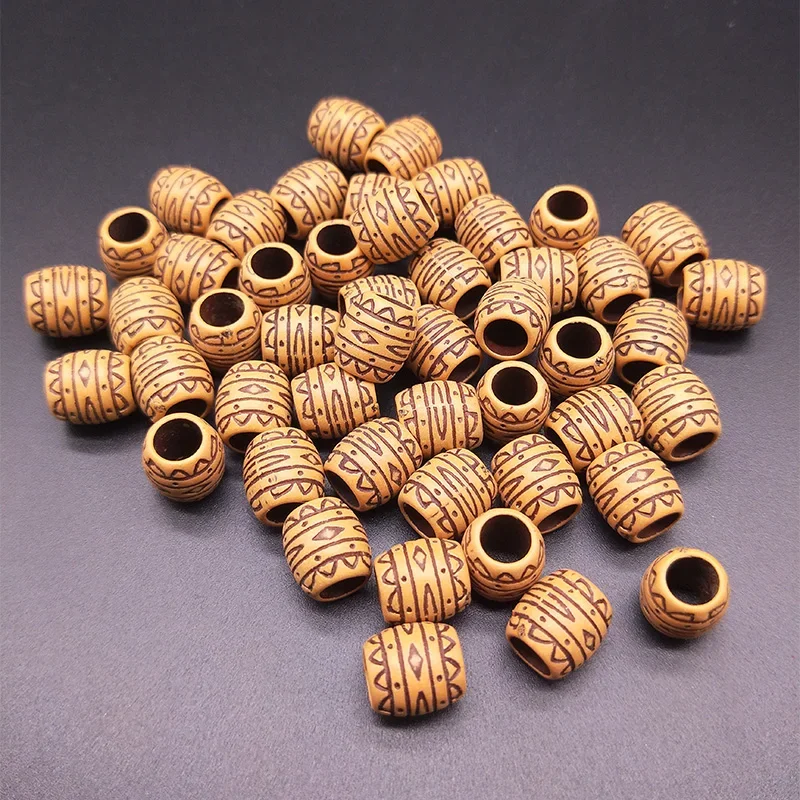 50pcs 11x10mm Large Hole Barrel Beads Plastic Imitation Wood Retro Ripple Craft Beads DIY Making