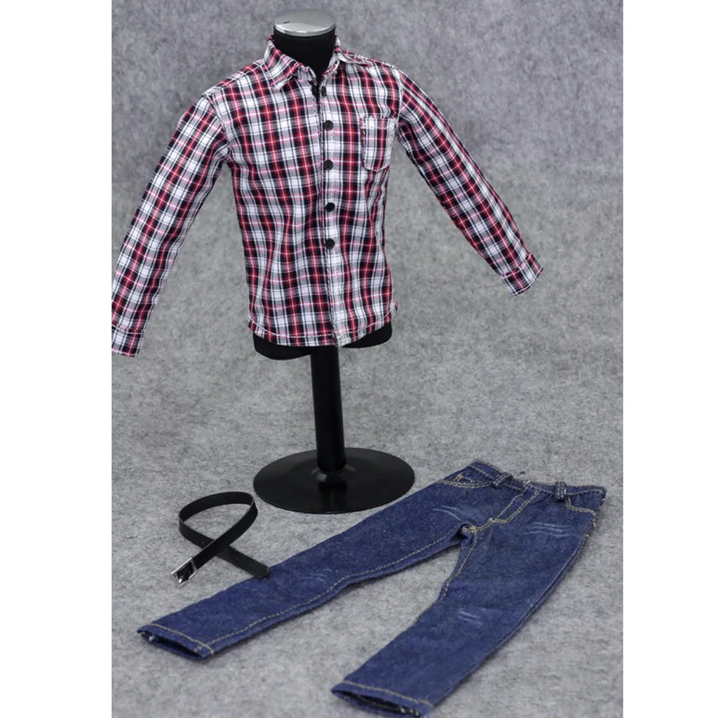 1/6 Scale Male Clothes for 12 inch Action Figure Red Plaid Long Sleeve Shirt Jeans Suit Dolls