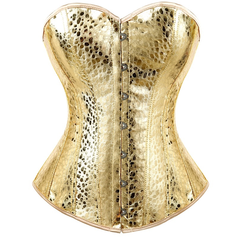 Women Gold Faux Leather Corset Bustier Top Overbust Shapewear Sexy Nightclub Clothing Steampunk Shapers Lingerie Corsets