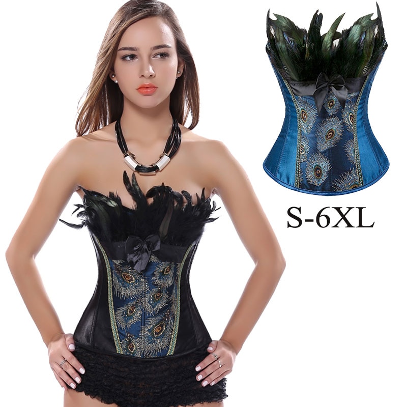 Peacock Feather Corset Lingerie Top Embroidery Overbust Shapewear Gothic Clothing Body Shaper Bustier S-6XL