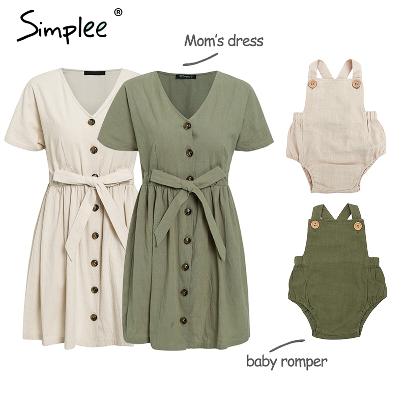 Vintage button women cotton dress shirt V neck short sleeve linen short summer dresses Casual baby romper family outfits