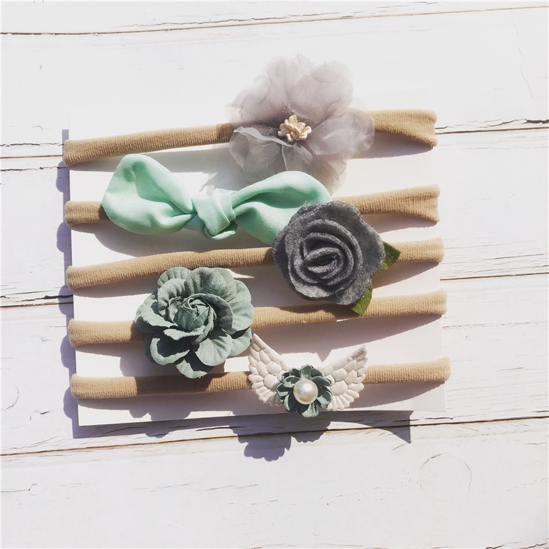 5PCS Artificial Flower Head Bands Beauty Pearl Floral Nylon Hairband For Newborn Kids Safe Headwear Gift Hair Accessories