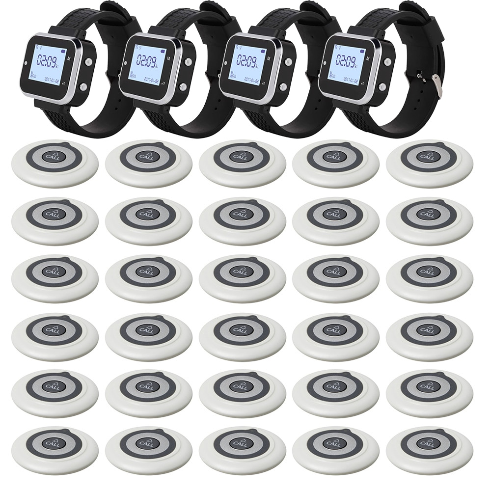 JINGLE BELLS 30 Calling Buttons 4 Watch Pager Receiver Wireless Service Call Bells Restaurant Guest Calling Systems