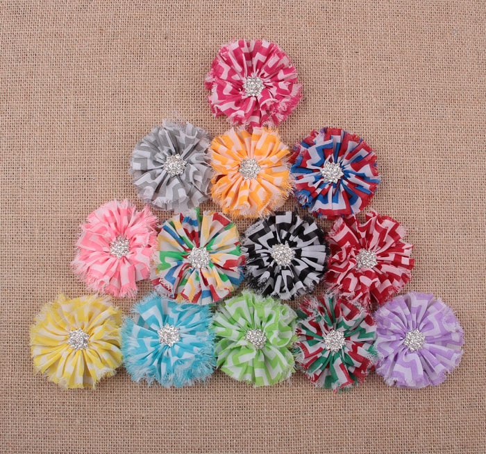 Yundfly 5pcs/lot Stripe Chiffon Flowers with Rhinestone Button Center Diy Headband Clips Kids Girls Headwear Hair Accessories
