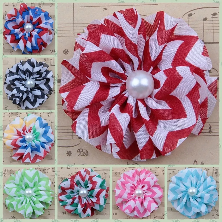 2.4" 10pcs/lot Stripe Wave Chiffon Flowers with Pearl Button For Diy Headband Clips Kids Girls Headwear Hair Accessories