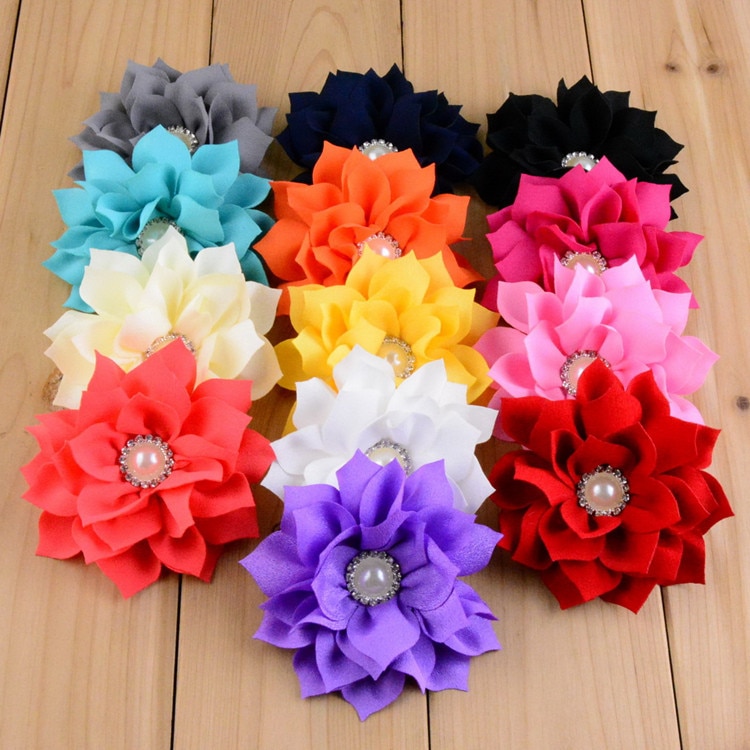 Yundfly 5PCS Lotus Flower with Pearl for Infant Hair Accessories Double Fabric Flowers For Baby Girls DIY Headbands