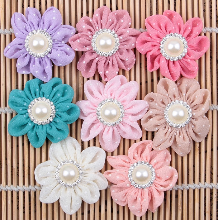 Yundfly 10pcs/lot 2" Dot Chiffon Flowers for Diy Headband Clips Pearl Rhinestone Flower Kids Girls Headwear Hair Accessorie