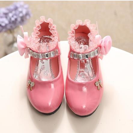 Children's Shoes For Girl Spring New Princess Lace Leather Shoes Fashion Cute Bow Rhinestone Wedding Shoes Student Party Da