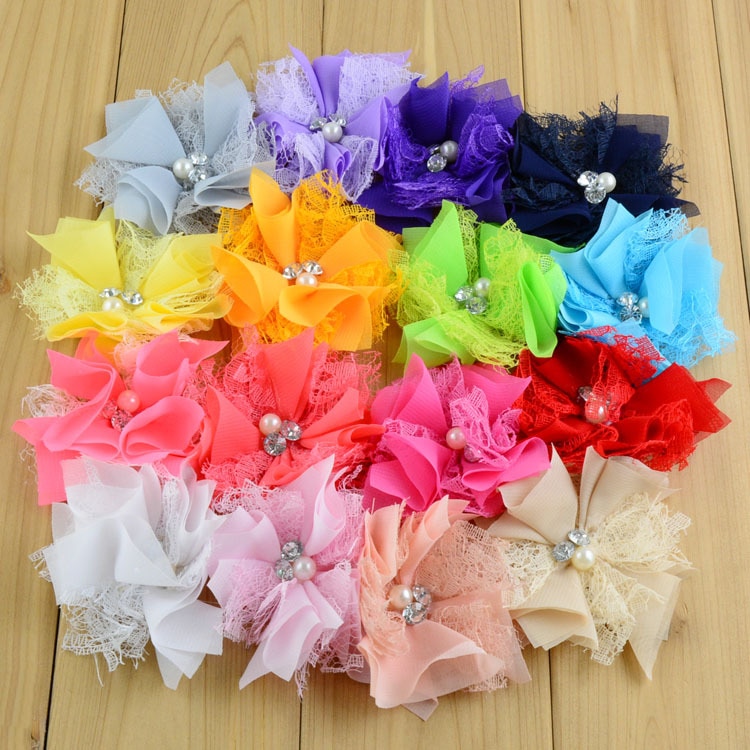 Yundfly 3pcs New Chiffon Fabric Flower with Rhinestone and Pearl Center For Baby Girls Headband Hair Clips Diy Hair Accessory