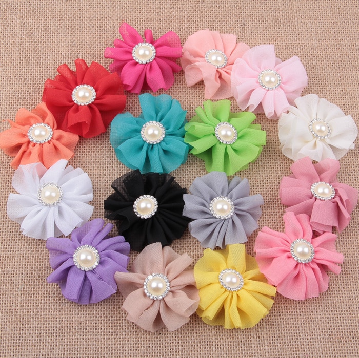 Yundfly 5PCS 6cm Fluffy Ballerina Chiffon Flowers With Rhinestone Pearl Button Artificial Fabric Flowers For Baby DIY Headbands