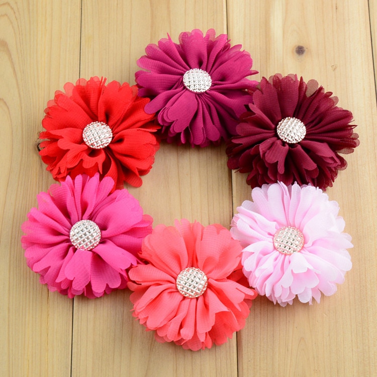 Yundfly 5PCS New Chiffon Fabric Flower with Shine Button For Baby Girls Hair Ornaments Accessories Hair Flower