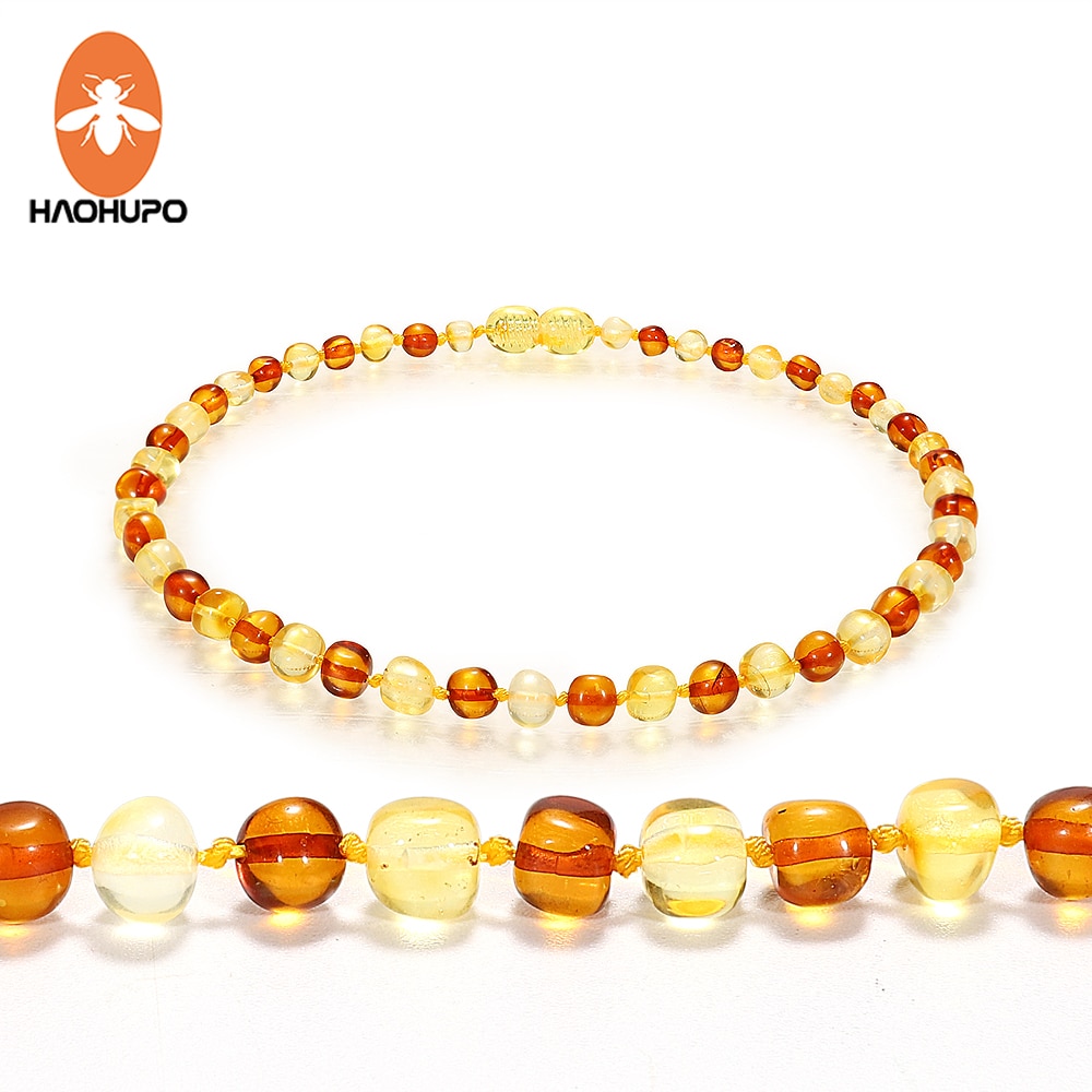 HAOHUPO Cognac Gold Amber Teething Bracelet/Necklace for Baby Baltic Natural Amber Collar Boy Girls Birthday Gifts Baby Jewelry