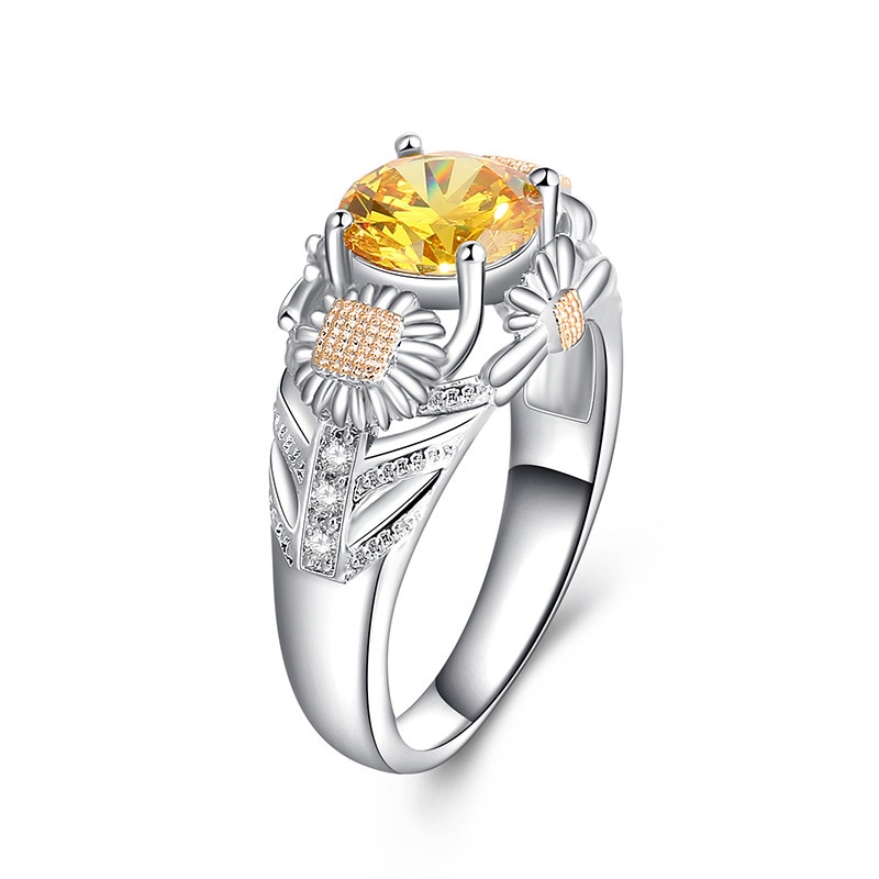 Flower Zircon Ring Engagement Ring Gold Plated Cutout Flower Sunflower Ring Lady Free Shipping