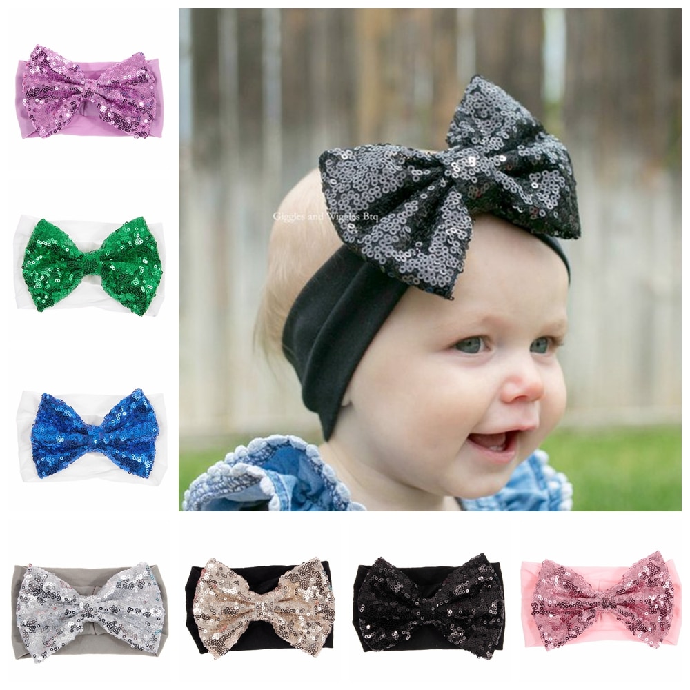 Yundfly Newborn Toddler Baby Girls Headwraps Sequin Bow Knotter Nylon Headband Children Hairband Hair Accessories