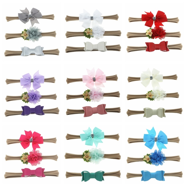 New 3pcs/lot Florals Nylon Headband Newborn Baby Elastic Princess Bows Hairbands Children Kids Cute Headwear Gifts Sets