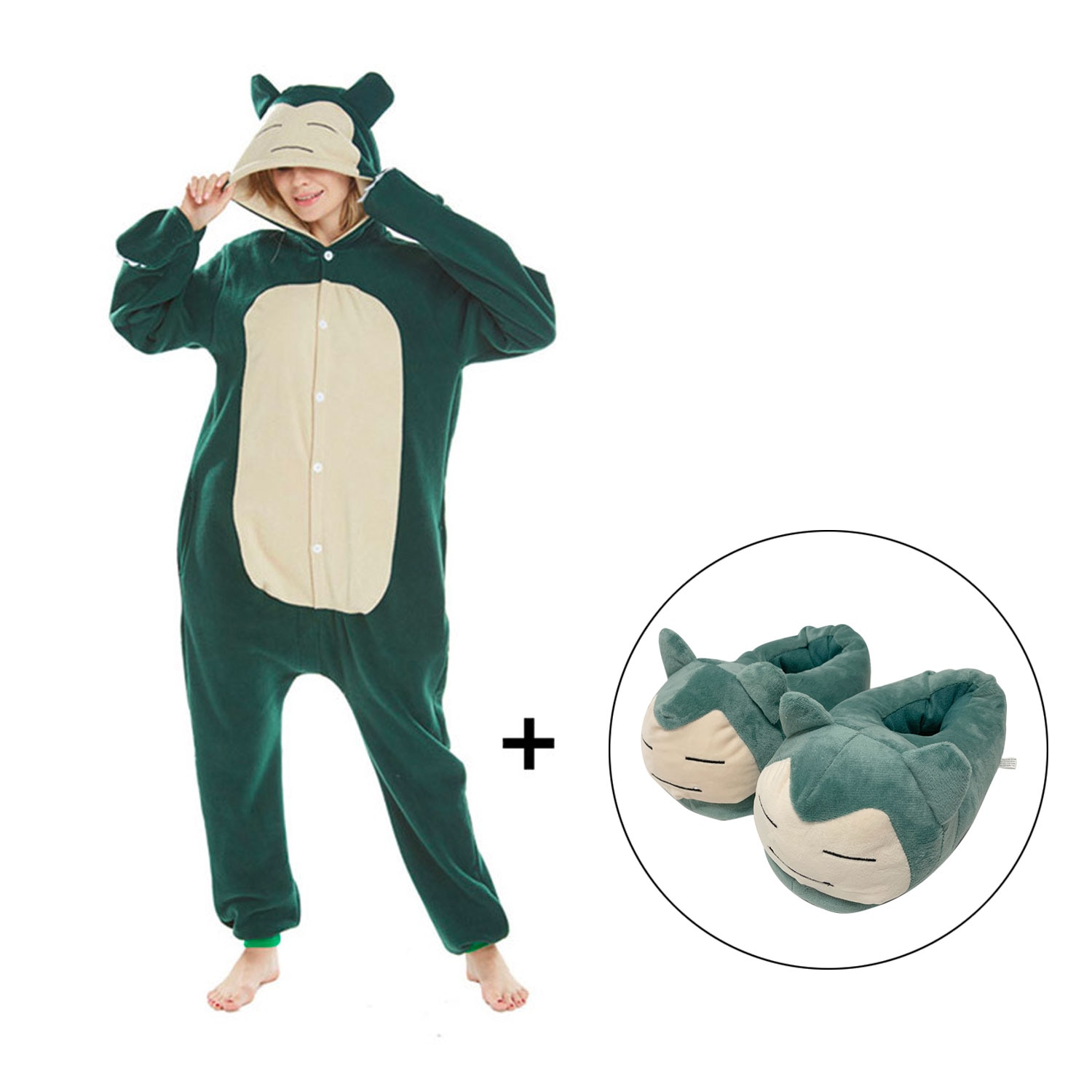 Anime Onesie Kigurumis with Slippers Green Pajama Cartoon Suit Polar Fleece Thin Overalls Funny Cool Homewear Sleepwear Unisex