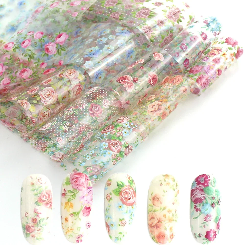 10pcs Rose Flowers Designs Transfer Foil Nail Foil for Manicure Sliders Nail Stickers Adhesive Nail
