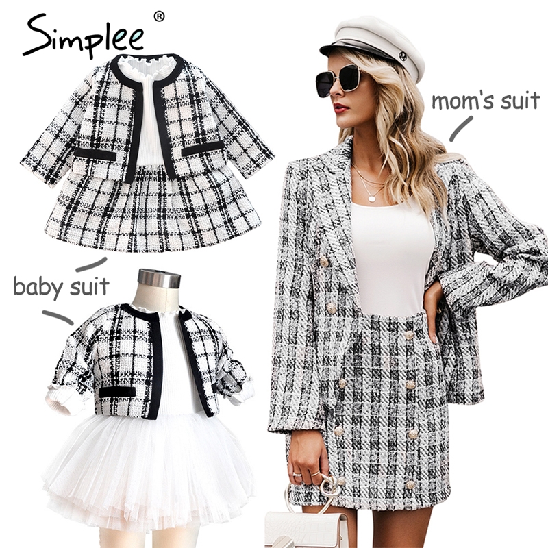 Mother and kids Tweed plaid two-pieces skirt suit Matching mom baby family clothes outfits Chic cute baby mom autumn blazer suit