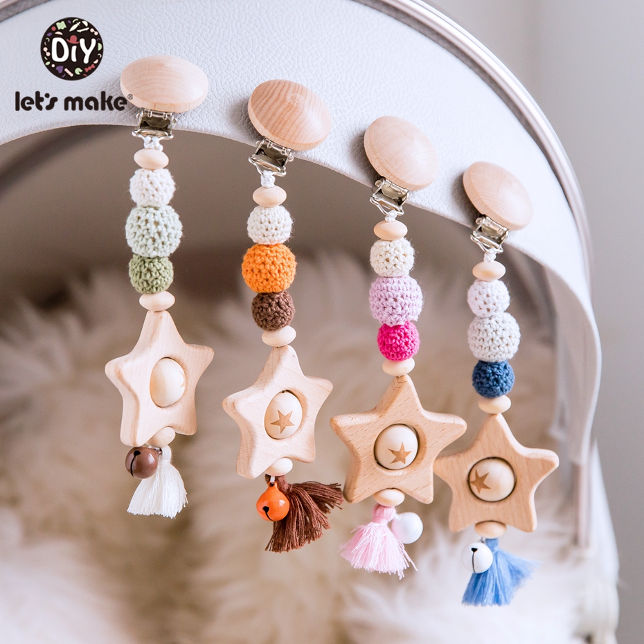 Let's Make 1pc Wood Teether Tassels Pacifier Clip Wooden Baby Teether Crochet Beads Beads Pacifier Chain Nappy Holder Chain