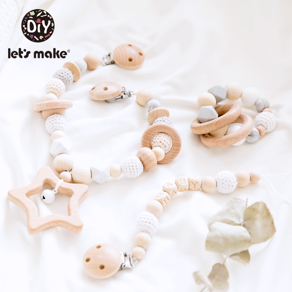 Let's Make 3pc/set Baby Rattles Crib Mobiles Wooden Pacifier Chain Holder For Nipples Kids Stroller Accessories Baby Crib T