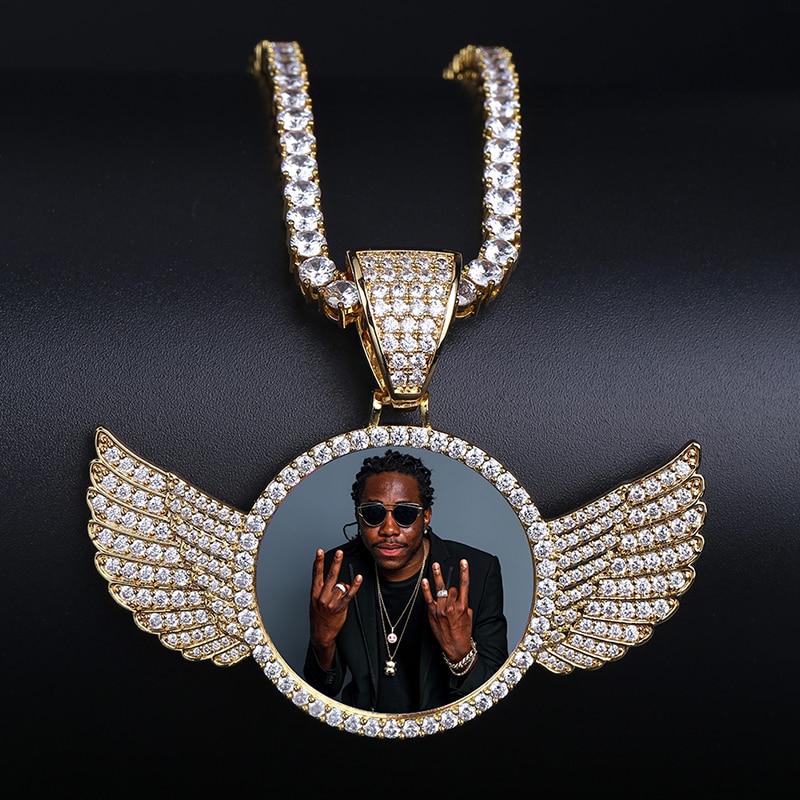 TOPGRILLZ Gold Custom Made Photo With wings Medallions Necklace & Pendant 4mm Tennis Chain Cubic Zircon Men's Hip hop J