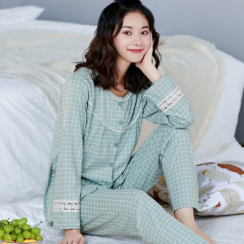 100% Cotton Pajamas For Women Long Sleeve Button Pajamas Set 2pieces Spring Fall Ladies Checker Soft Cotton Sleepwear Green