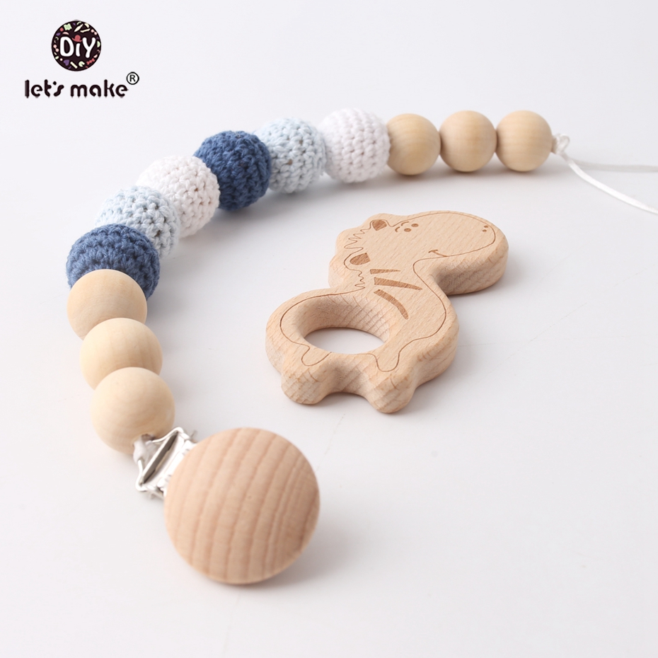 Let's Make Wooden Teether 1pc Crochet Beads Beech Teething Pacifier Clip Chains Nursing Material Can Chew Wood Beads Dummy 
