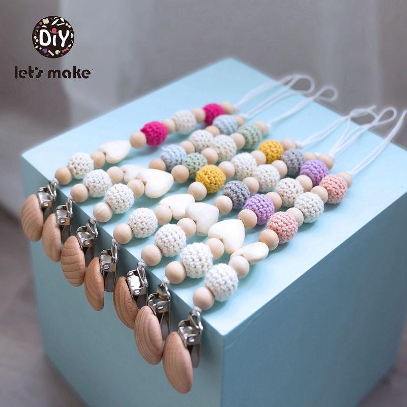 Let's Make Wooden Teether 1PC Crochet Beads Feeding BPA Free Teething Nipple Holder Dummy Clip Chain for Boys Baby Teether