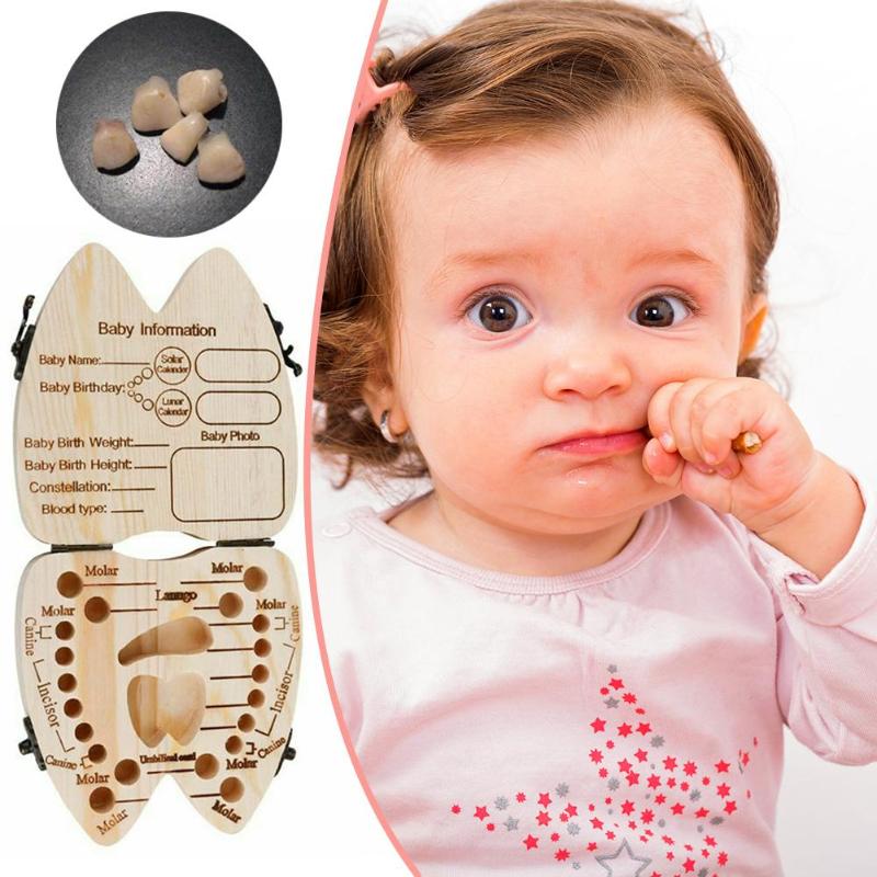 Wood Baby Milk Tooth Box Kid Umbilical Lanugo Keepsakes Storage Case English-Typ Recommended Usage Age for 0-6 Years