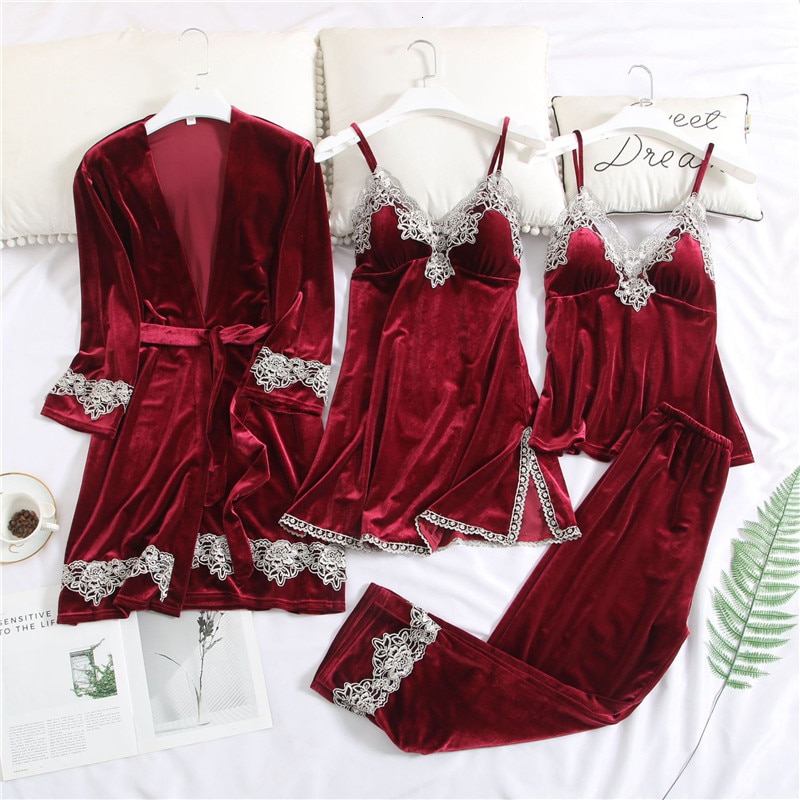 JULY'S SONG New Women Velvet Pajamas Set 4 Pieces Warm Sexy Lace Winter Sleepwear Sling Nightdress Homewear Plus Size Robe