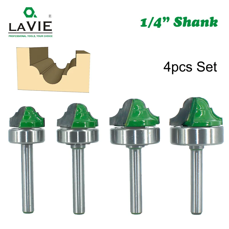 LAVIE 4pcs Set 6.35mm Shank Double Roman Ogee Edging Router Bit Bearing Milling Cutter For Wood Line