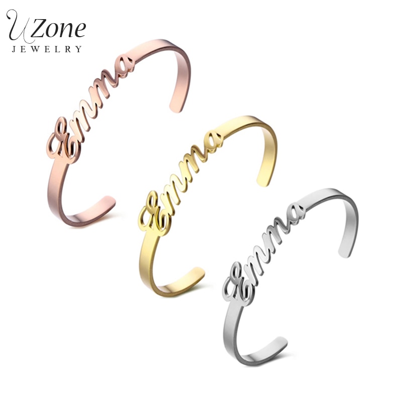 UZone Personalized Name Bangle Bracelets 3mm Stainless Steel Nameplate Open Cuff Bangles For Adult Kids Jewelry Party Gift