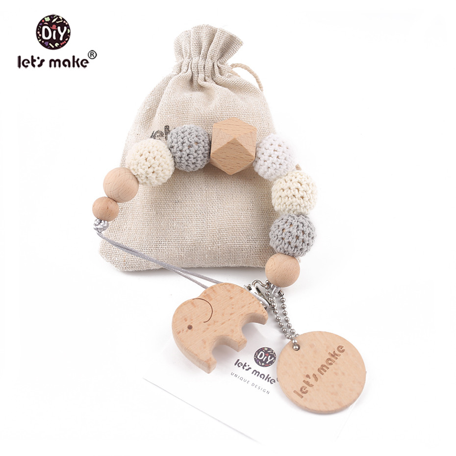 Let's Make 1PC Wood Baby Teether Pacifier Chain Elephant Wooden Clip Geometric Crochet Beads With Bag Wood Teether Tiny Rod