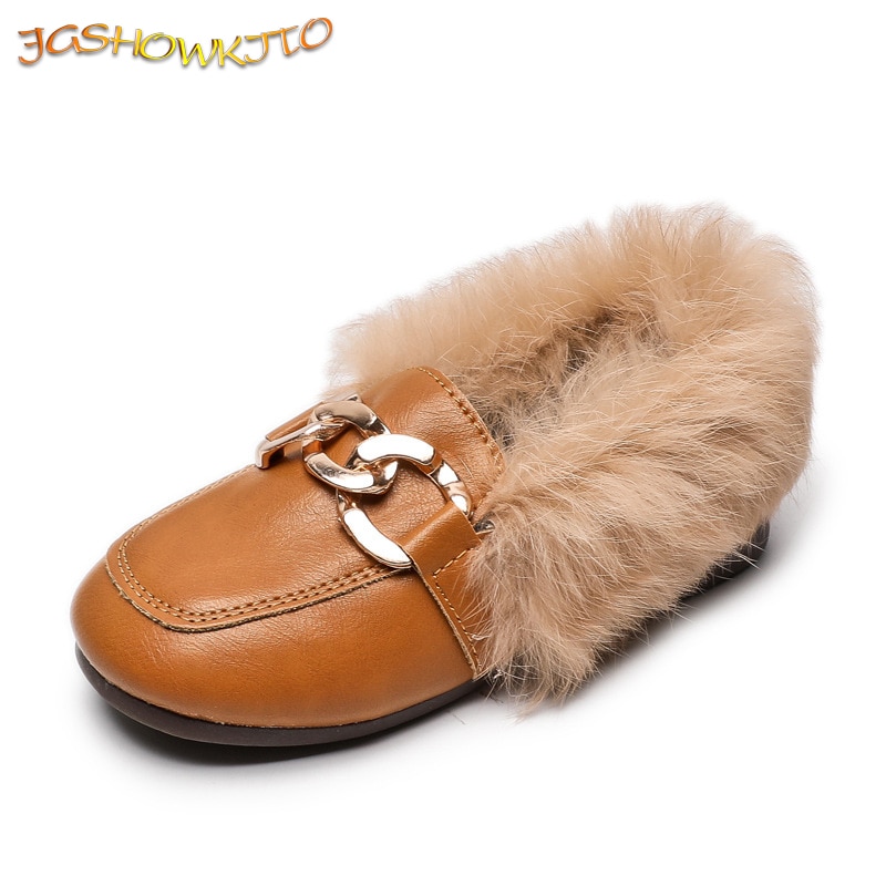 JGSHOWKITO Kids Leather Shoes 2022 Autumn Winter Girls Flats With Thick Cotton Warm Children Boy Black Loafers Fashion Hairy Fur