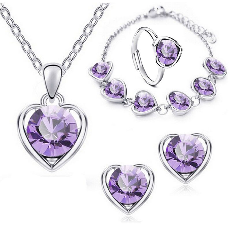 Fine jewelry 925 sterling silver suitable for ladies wedding heart silver light purple necklace earrings bracelet ring set yw069