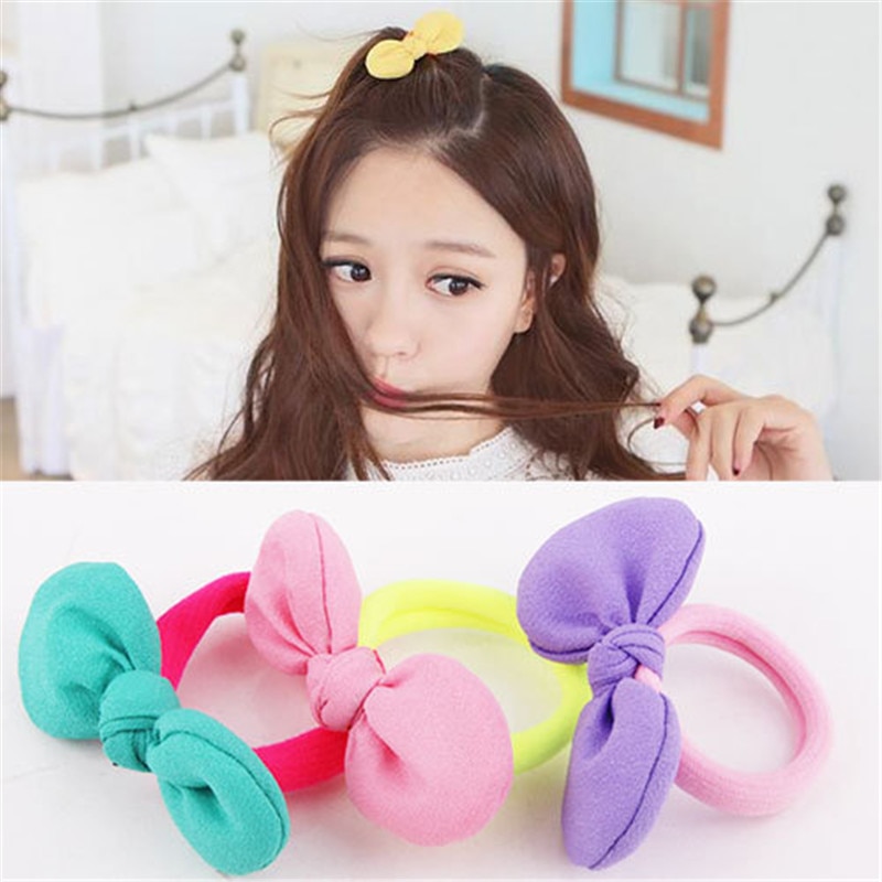 10Pcs Children's fruit color rabbit ears Bow knot flower hair rope rubber band chiffon hair ring jewelry wholesale