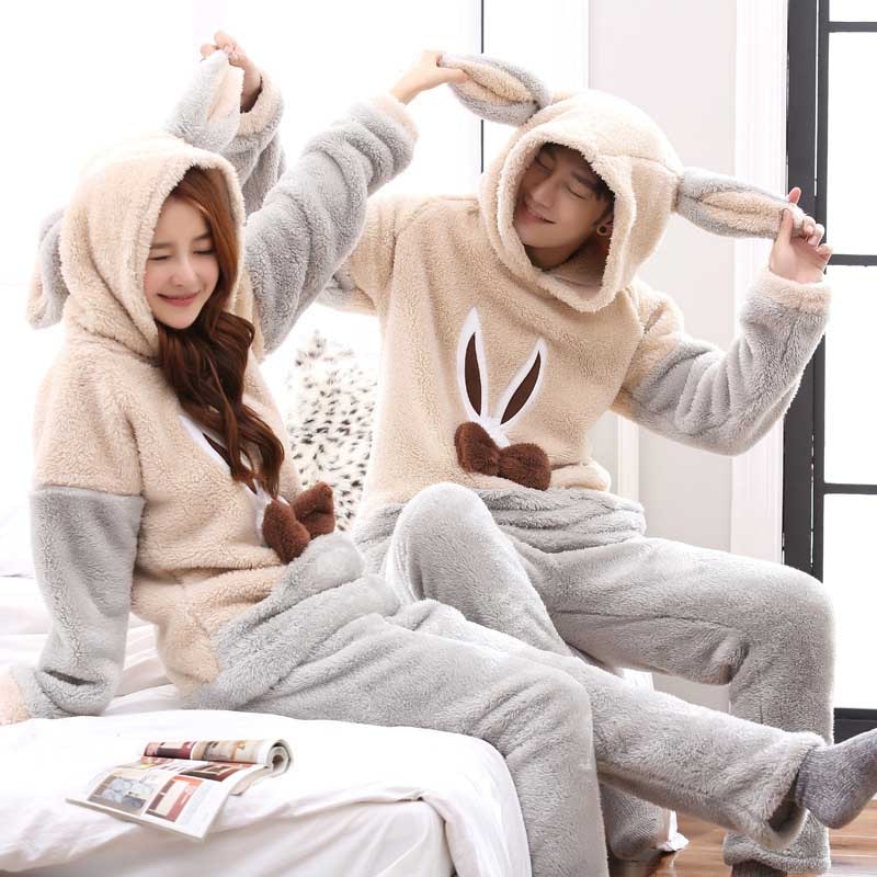 Couple Pajamas Set Unisex Adult Animal Cartoon Cute Women Pajama Long Sleeve Hooded Thicken sleepwear Party Home Clothes Pyjama