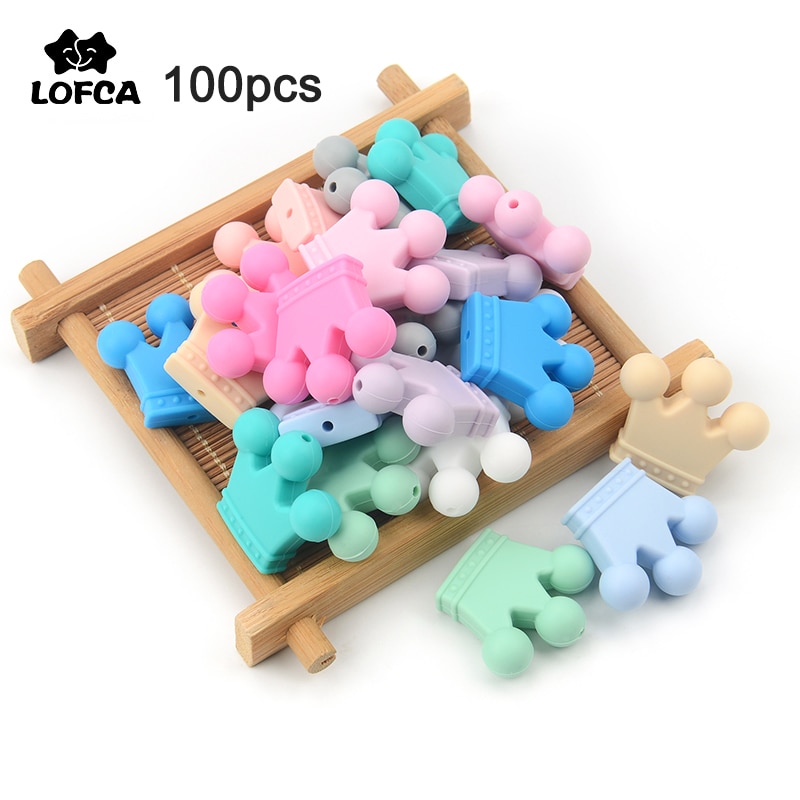 LOFCA 100pcs Crown Silicone Beads BPA Free Food Grade Silicon Teething Beads Baby Chew Teething Toy DIY Pacifier Clips Accessory