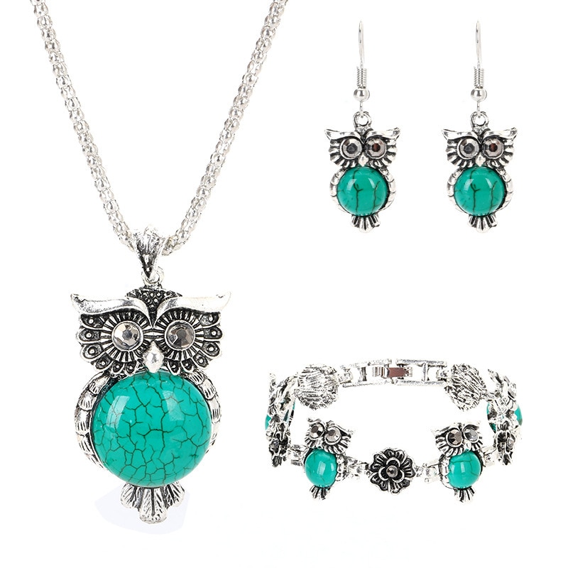 Retro Turquoise Owl Jewelry Sets Pendant Earring Bracelet Necklace Fashion Chain Handmade Amulet Gifts for Her Woman