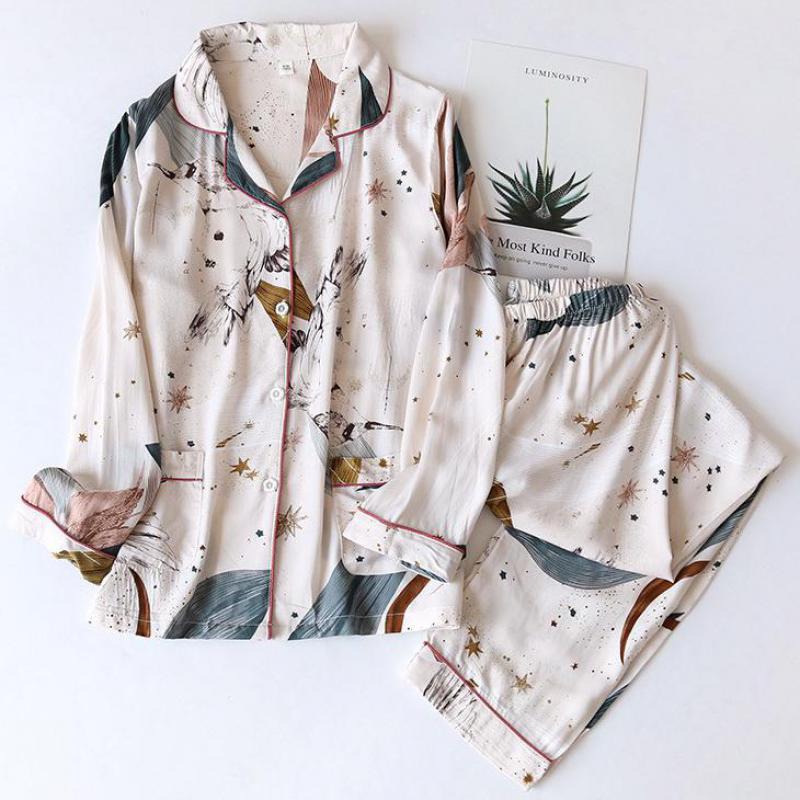 Women Pajamas Set Print Star Leaves Cotton Sleepwear Trouser Suits Button-Down Elastic Waist Loungewear Shirt&Pant Viscose P