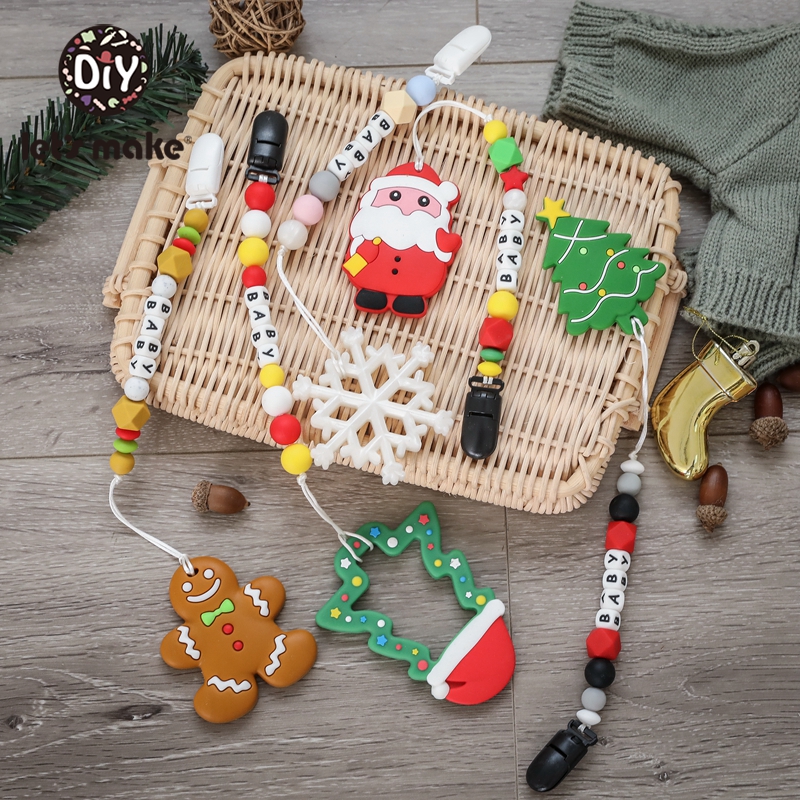 Let's Make Pacifier Clips Bpa Free Christmas Tree Santa Claus Snowflake Silicone Teether Letter Beads Pendant Pacifier Chai