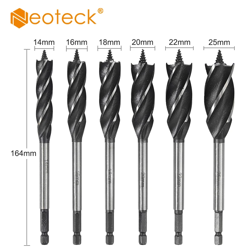 Neoteck 6 Pcs Four-Blade Four Slots Power Drill Auger Bit Wood Drill Bit Set 1/4 hex square handle (6.35mm)