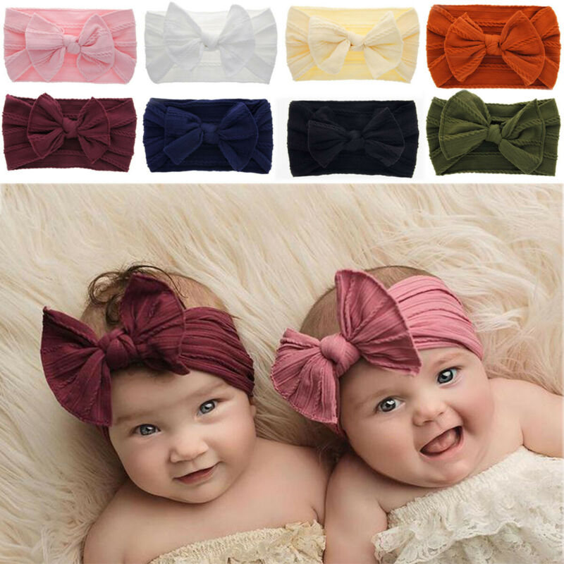 Infant Newborn Baby Girls Bow Bandanas Toddler Headband Cotton Linen Turban Hair Band Solid Photo Props