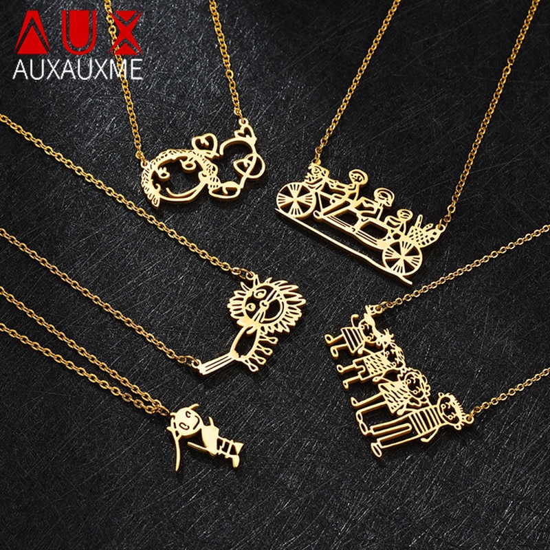 Auxauxme Customized Children's Drawing Necklace Stainless Steel Kid's Art Personalized Custom Name Necklaces Family Ki