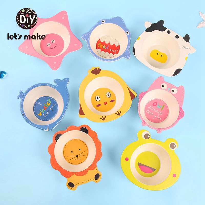 Let's Make Latex Free Children Tableware Cartoon Animal Baby Food Plate Lion Pig Bamboo Tableware For Kid Baby Feeding Bowl