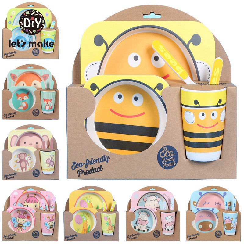 Let's Make Baby Bamboo Bowl+Spoon+Fork Feeding Food Tableware Set Cartoon Aniaml Bee Kid Dishes Bamboo Feeding Bowl Dinner 