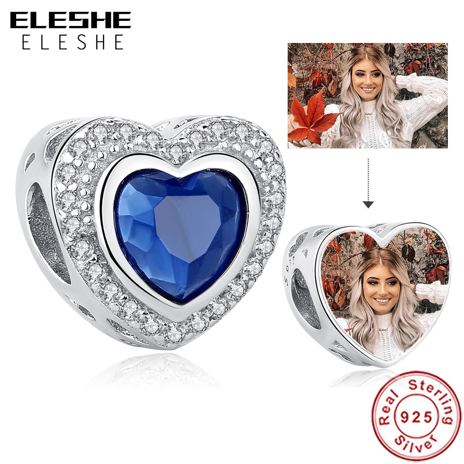 Personalized Custom Photo Blue CZ Heart Charm 925 Sterling Silver European Bead Charm Fit Original Bracelet DIY Jewelry