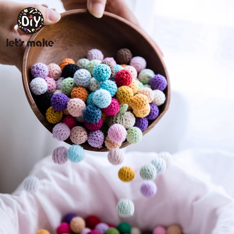 Let's Make 100Pcs Crochet Beaded Wood Teether 16mm Round Baby Wooden Teether Crochet Toys Braided Teething Beads Baby Oral 